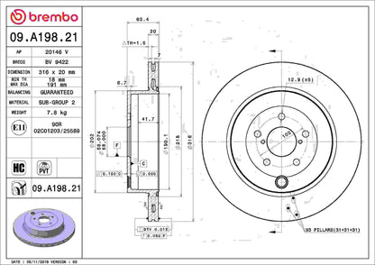 Brembo OE Brembo 17-20 Subaru BRZ Rear Premium UV Coated OE Equivalent Rotor 09.A198.21
