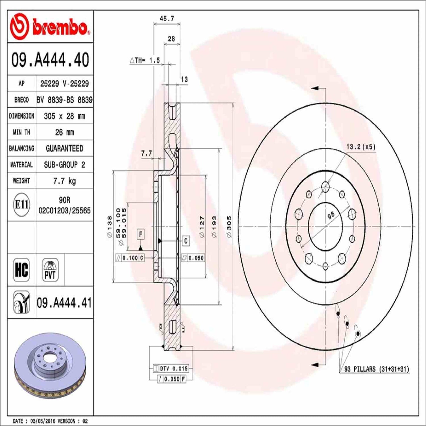 Brembo OE Brembo 14-20 Fiat 500L Front Premium UV Coated OE Equivalent Rotor 09.A444.41
