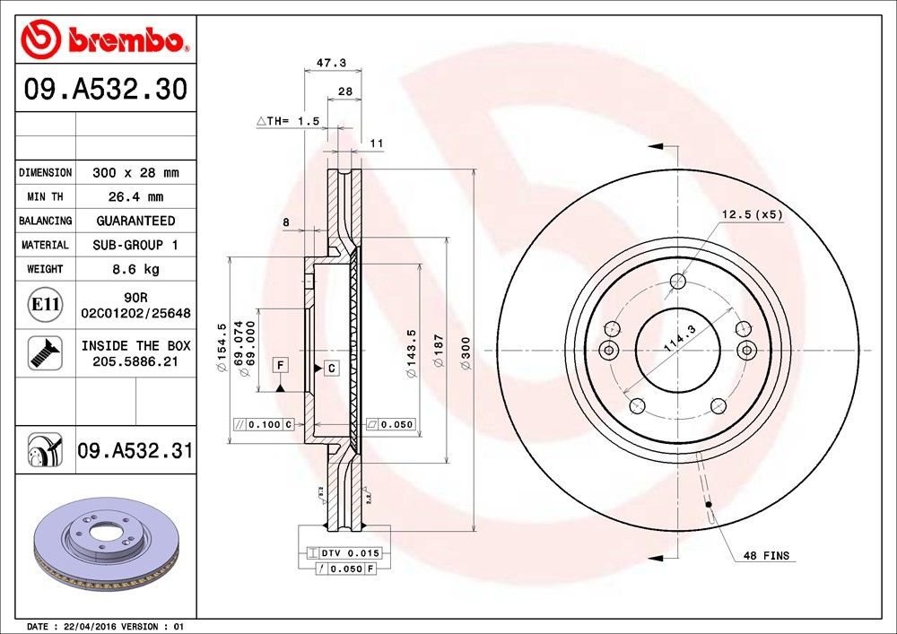 Brembo OE Brembo 11-14 Hyundai Sonata/12-15 Kia Optima Front Premium UV Coated OE Equivalent Rotor 09.A532.31