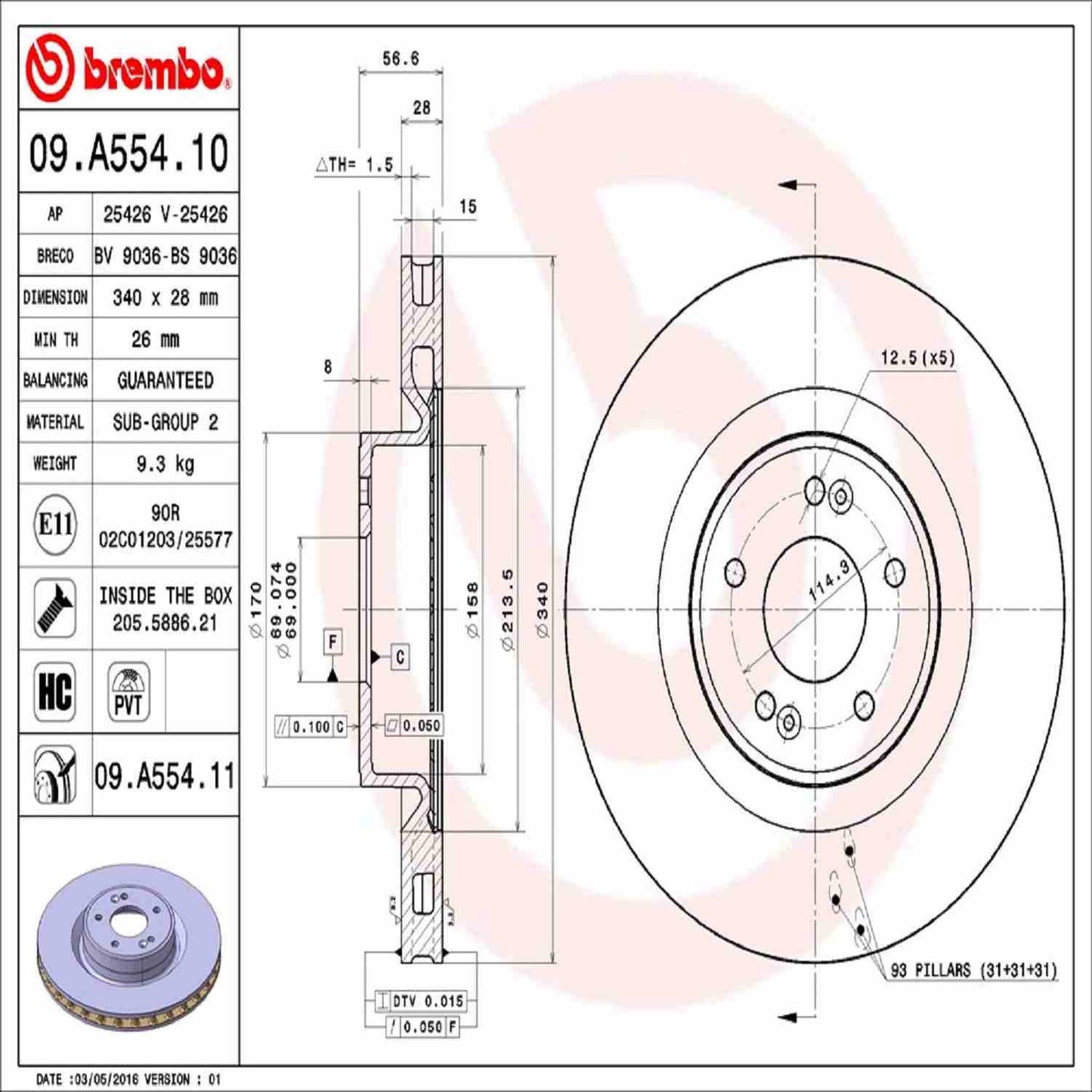 Brembo OE Brembo 10-16 Hyundai Genesis Coupe Front Premium UV Coated OE Equivalent Rotor 09.A554.11