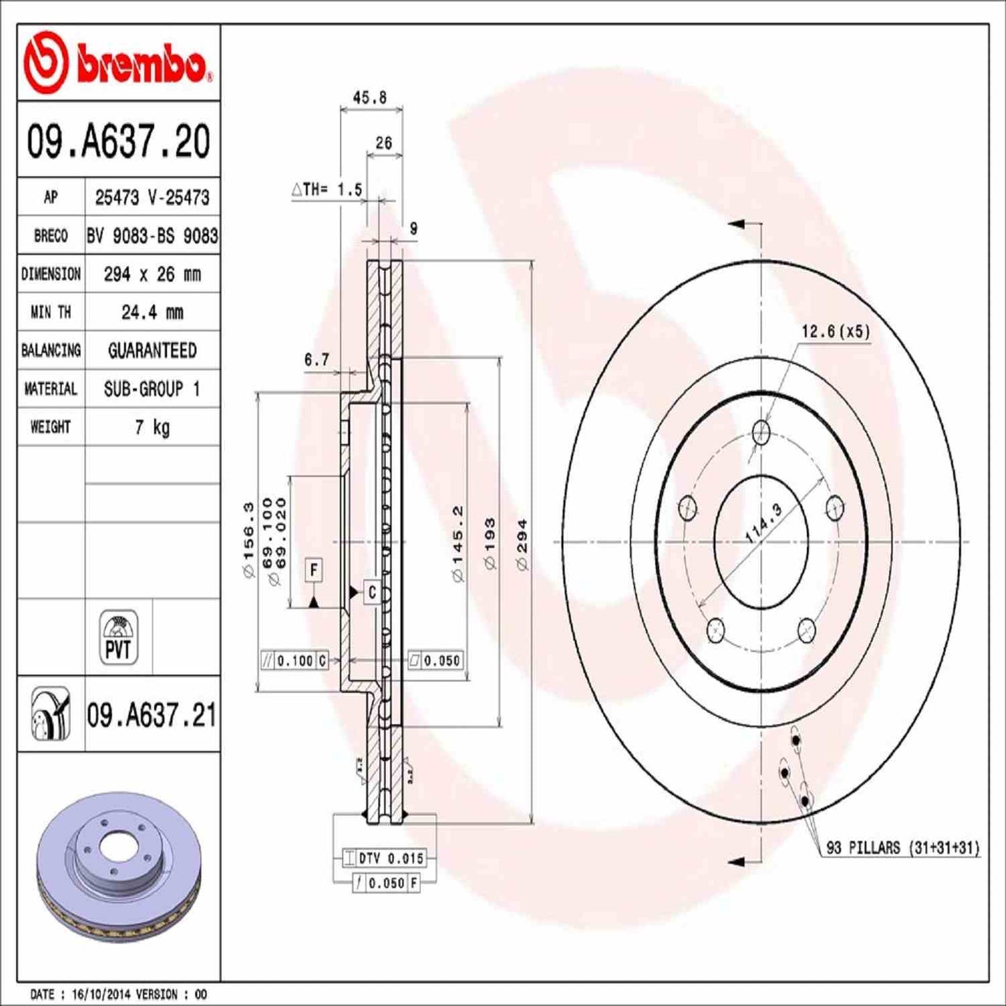 Brembo OE Brembo 08-11 Mitsubishi Lancer/07-11 Outlander Front Premium UV Coated OE Equivalent Rotor 09.A637.21