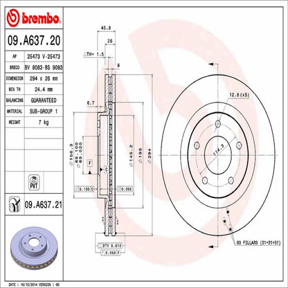 Brembo OE Brembo 08-11 Mitsubishi Lancer/07-11 Outlander Front Premium UV Coated OE Equivalent Rotor 09.A637.21
