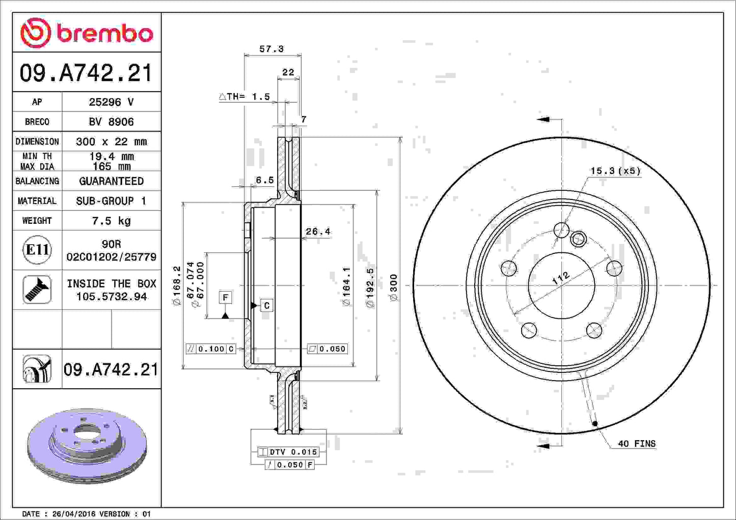 Brembo OE Brembo 1993 Mercedes-Benz 500SL/1994 SL500/98-02 SL500 Rear Premium UV Coated OE Equivalent Rotor 09.A742.21