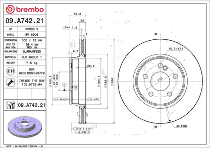 Brembo OE Brembo 1993 Mercedes-Benz 500SL/1994 SL500/98-02 SL500 Rear Premium UV Coated OE Equivalent Rotor 09.A742.21