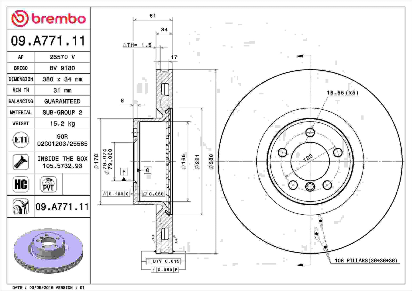 Brembo OE Brembo 10-12 Land Rover Range Rover Front Premium UV Coated OE Equivalent Rotor 09.A771.11