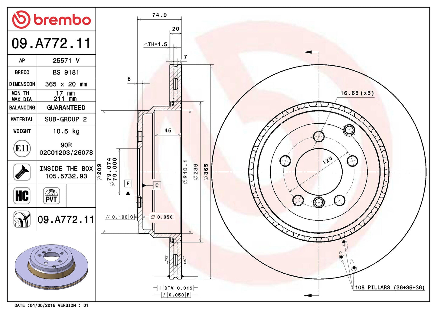 Brembo OE Brembo 10-12 Land Rover Range Rover Rear Premium UV Coated OE Equivalent Rotor 09.A772.11