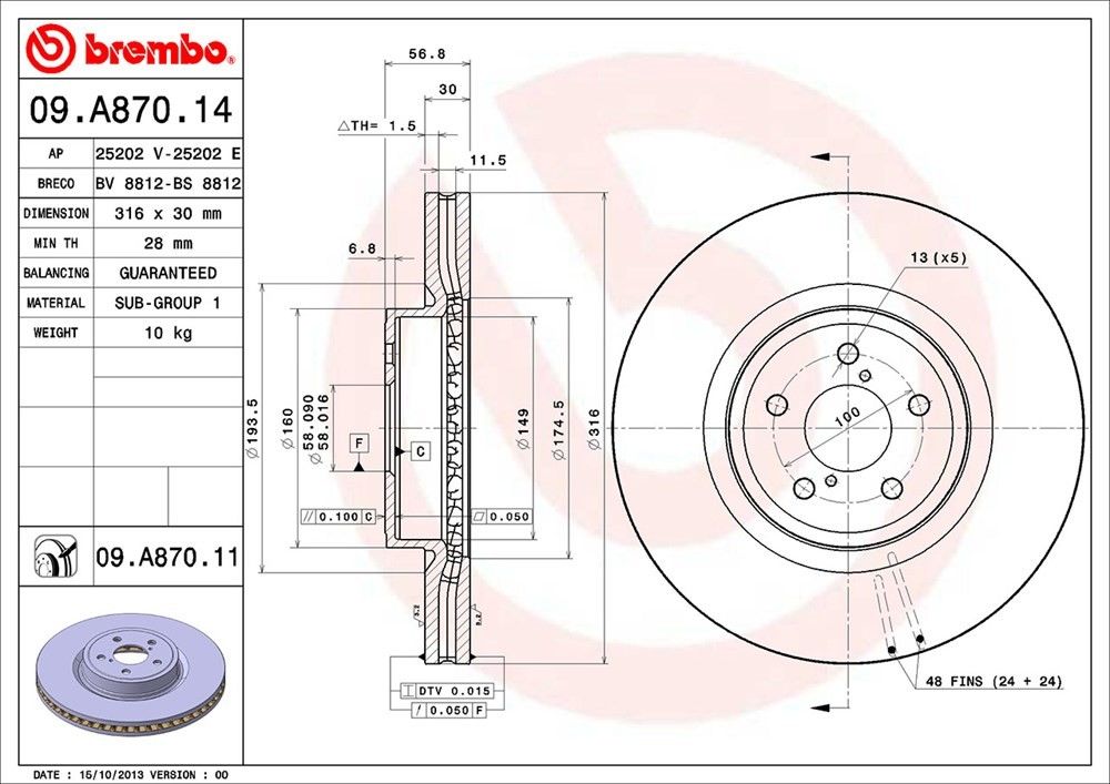 Brembo OE Brembo 14-18 Subaru Forester/05-14 Legacy/06-14 Outback Front Premium UV Coated OE Equivalent Rotor 09.A870.11