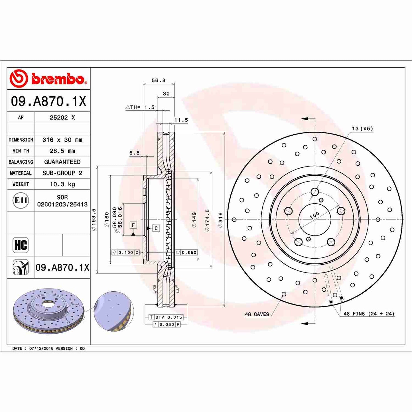 Brembo OE Brembo 14-18 Subaru Forester/05-14 Legacy Front Premium Xtra Cross Drilled UV Coated Rotor 09.A870.1X