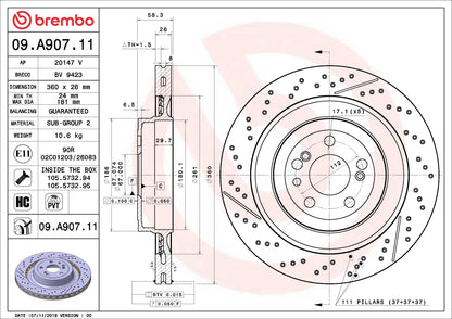 Brembo OE Brembo Mercedes-Benz SLS AMG 2015-2011 Rear Premium UV Coated OE Equivalent Rotor 09.A907.11