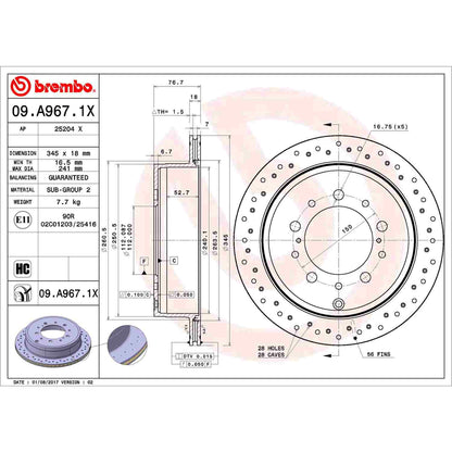 Brembo OE Brembo 08-11 Lexus LX570//08-11 Land Cruiser Rear Premium Xtra Cross Drilled UV Coated Rotor 09.A967.1X