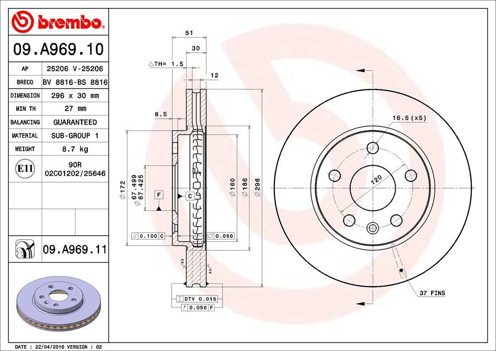 Brembo OE Brembo 12-16 Buick LaCrosse/10-11 Saab 9-5 Front Premium UV Coated OE Equivalent Rotor 09.A969.11