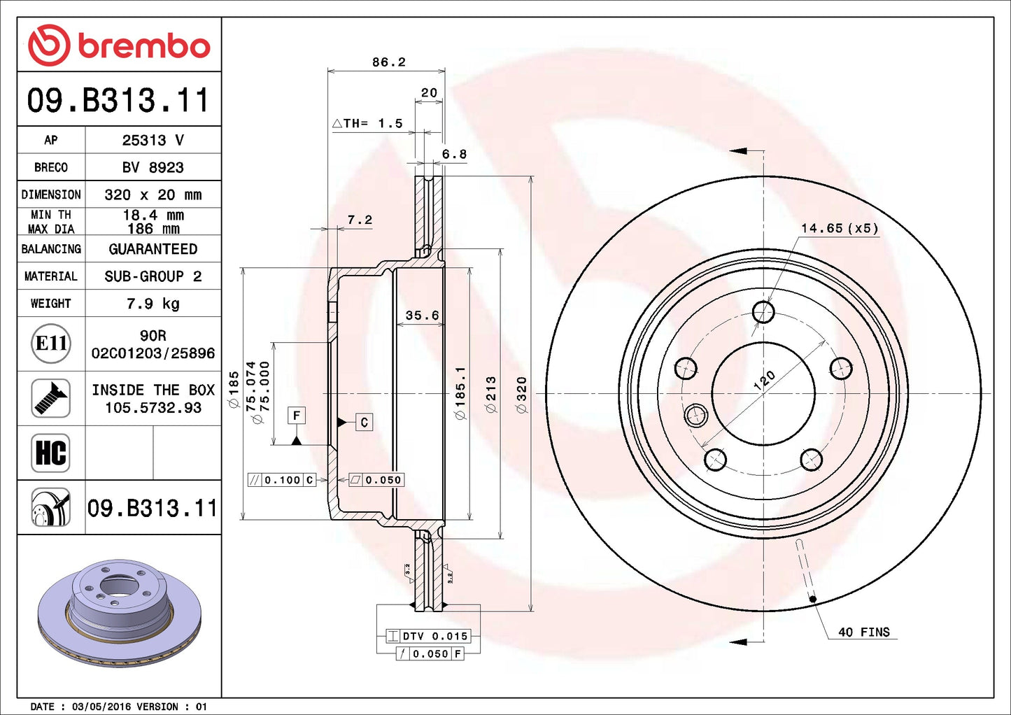 Brembo OE Brembo 06-07 BMW 525xi/2010 528i/09-10 528i xDrive Rear Premium UV Coated OE Equivalent Rotor 09.B313.11