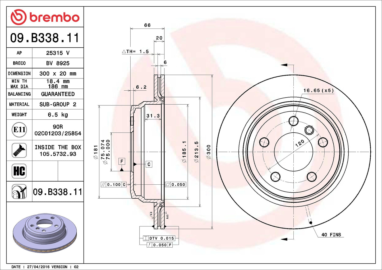 Brembo OE Brembo 13-18 BMW 320i xDrive/14-18 328d xDrive/15-16 328i Rear Premium UV Coated OE Equivalent Rotor 09.B338.11