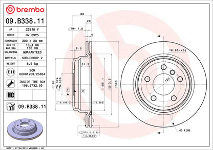 Brembo OE Brembo 13-18 BMW 320i xDrive/14-18 328d xDrive/15-16 328i Rear Premium UV Coated OE Equivalent Rotor 09.B338.11