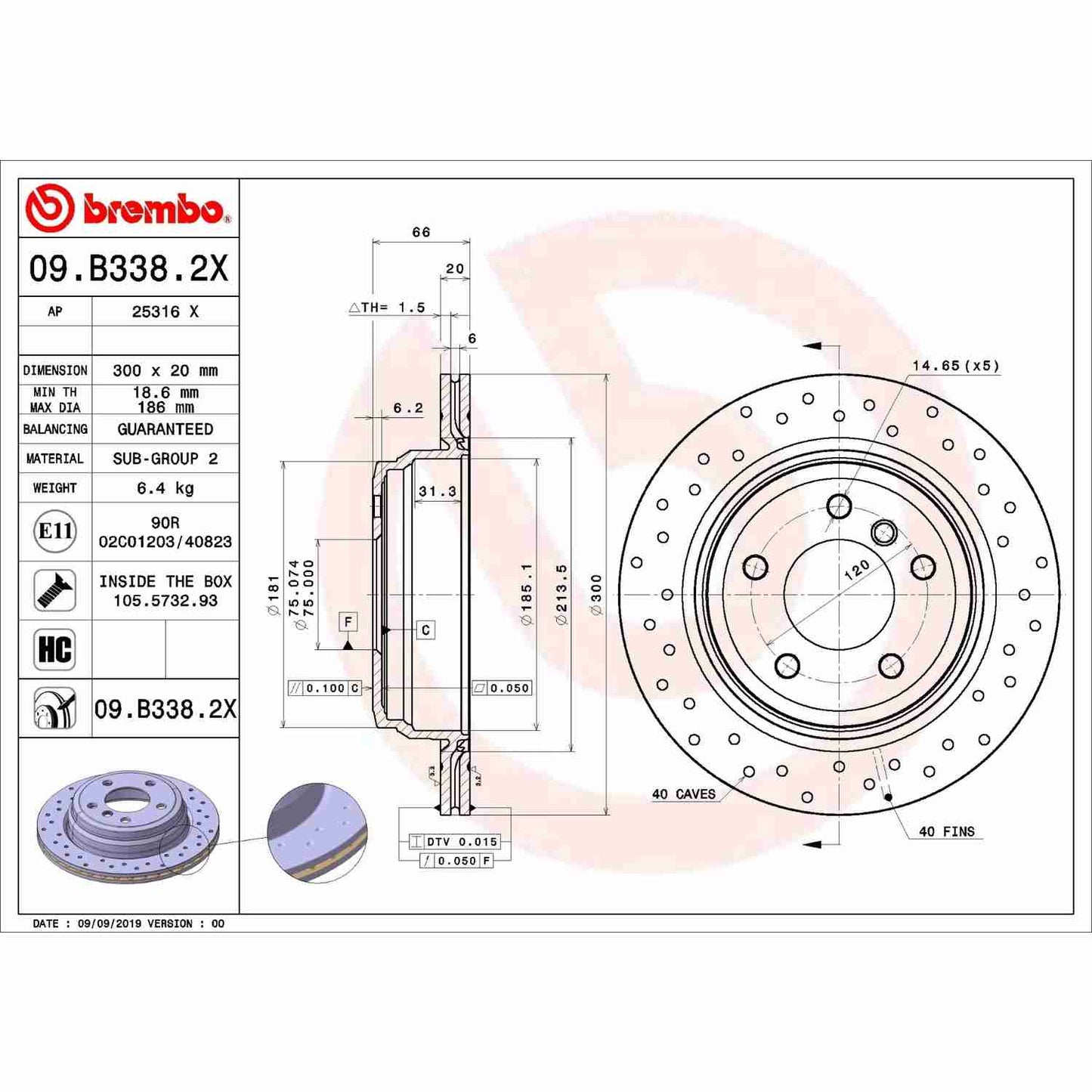 Brembo OE Brembo 2006 BMW 325xi/07-13 328i/09-13 328i xDrive Rear Premium Xtra Cross Drilled UV Coated Rotor 09.B338.2X