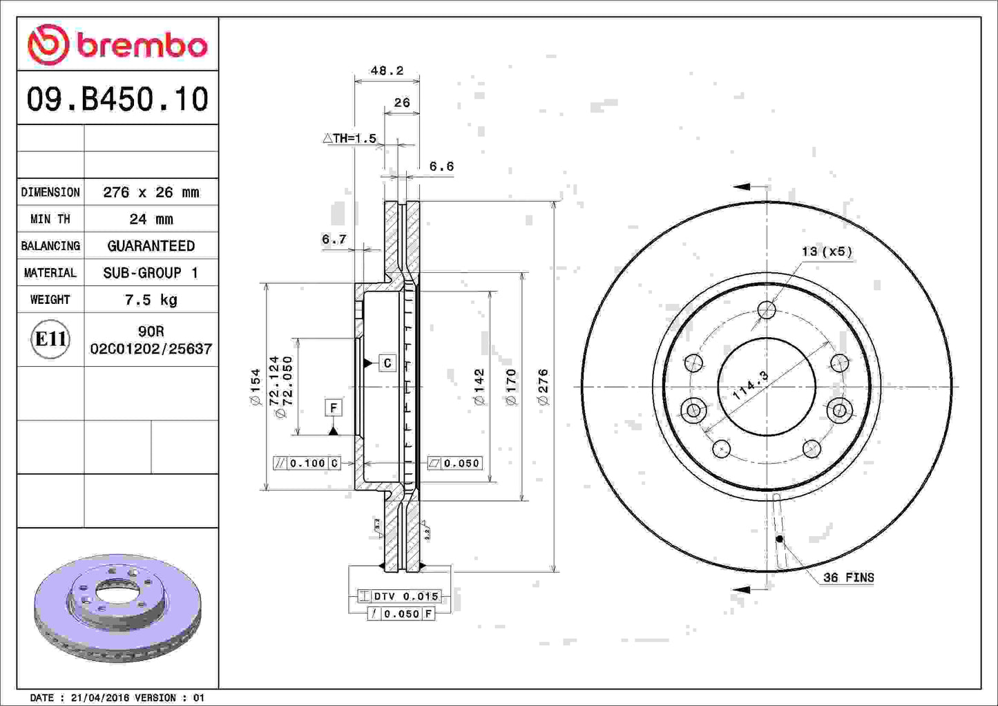Brembo OE Brembo 02-04 Kia Sedona Front Premium OE Equivalent Rotor 09.B450.10