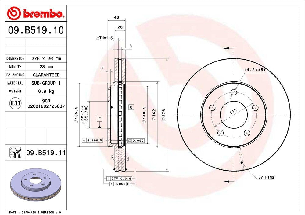 Brembo OE Brembo 04-08 Chevrolet Malibu/06-07 Pontiac G6 Front Premium UV Coated OE Equivalent Rotor 09.B519.11