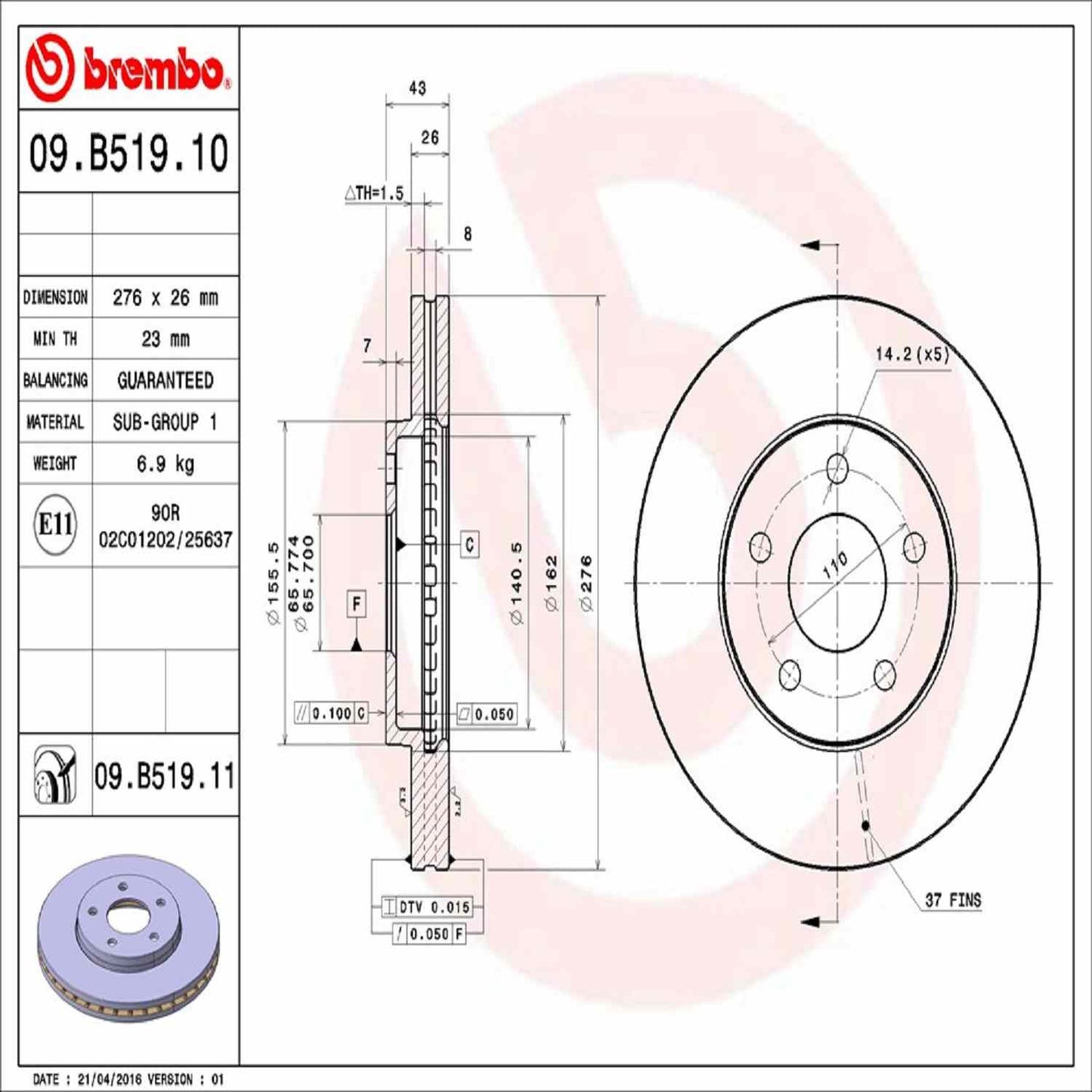 Brembo OE Brembo 04-08 Chevrolet Malibu/06-07 Pontiac G6 Front Premium UV Coated OE Equivalent Rotor 09.B519.11