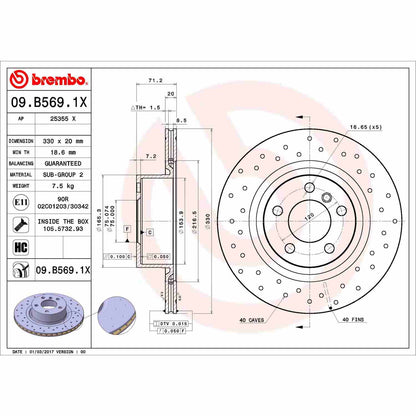 Brembo OE Brembo 11-17 BMW X3/15-18 X4 Rear Premium Xtra Cross Drilled UV Coated Rotor 09.B569.1X