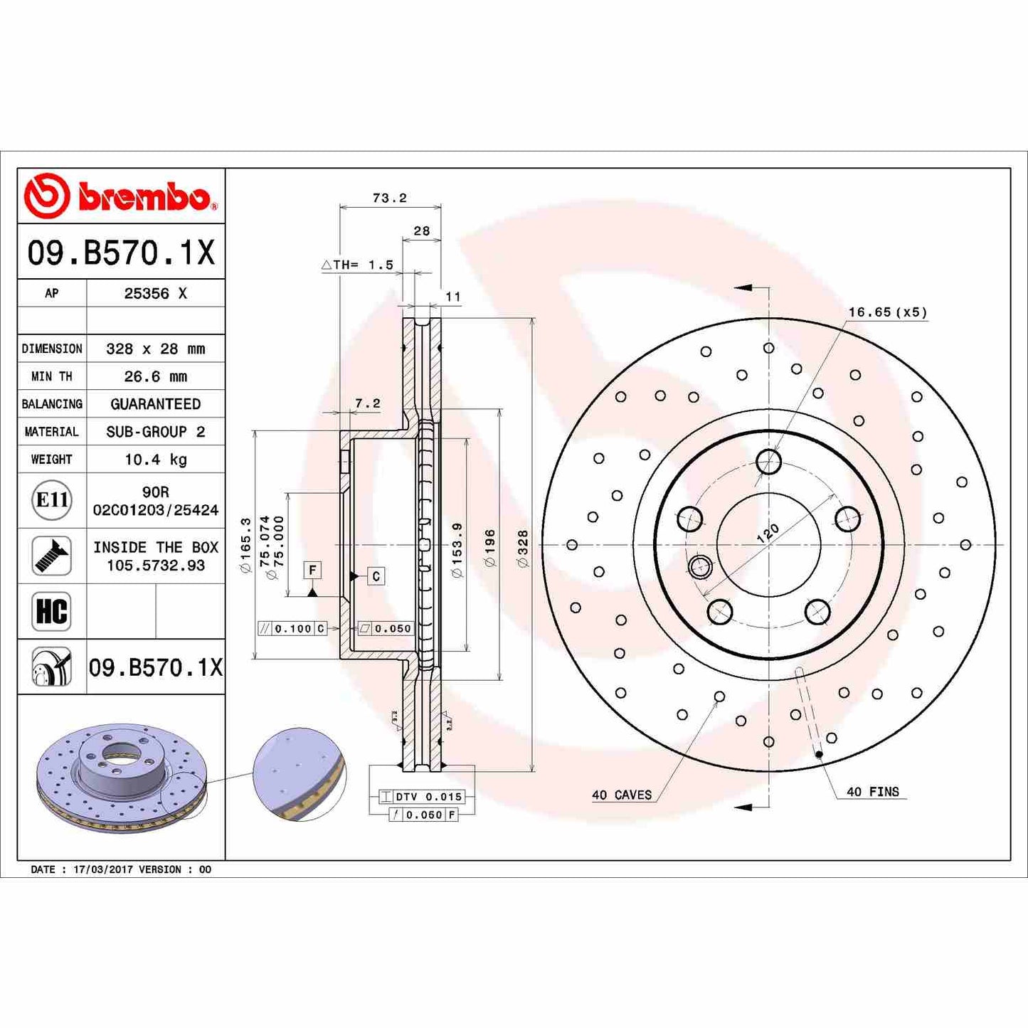 Brembo OE Brembo 11-17 BMW X3/15-18 X4 Front Premium Xtra Cross Drilled UV Coated Rotor 09.B570.1X