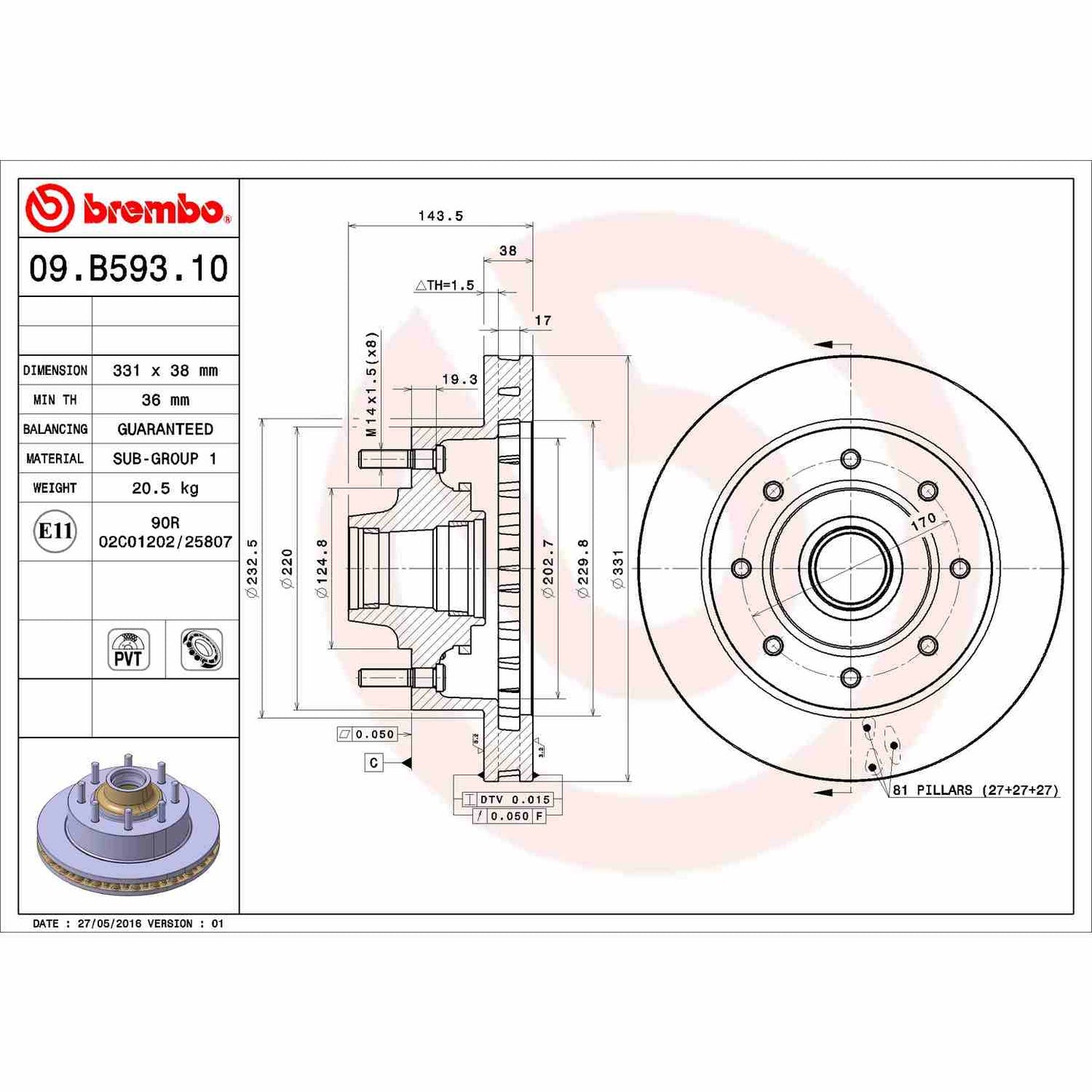Brembo OE Brembo 03-04 Ford Excursion/2004 F-250/03-04 F-250 Super Duty Front Premium OE Equivalent Rotor 09.B593.10