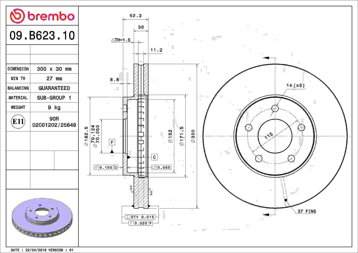 Brembo OE Brembo 02-05 Chevy Venture/02-04 Oldsmobile Silhouette Front Premium OE Equivalent Rotor 09.B623.10