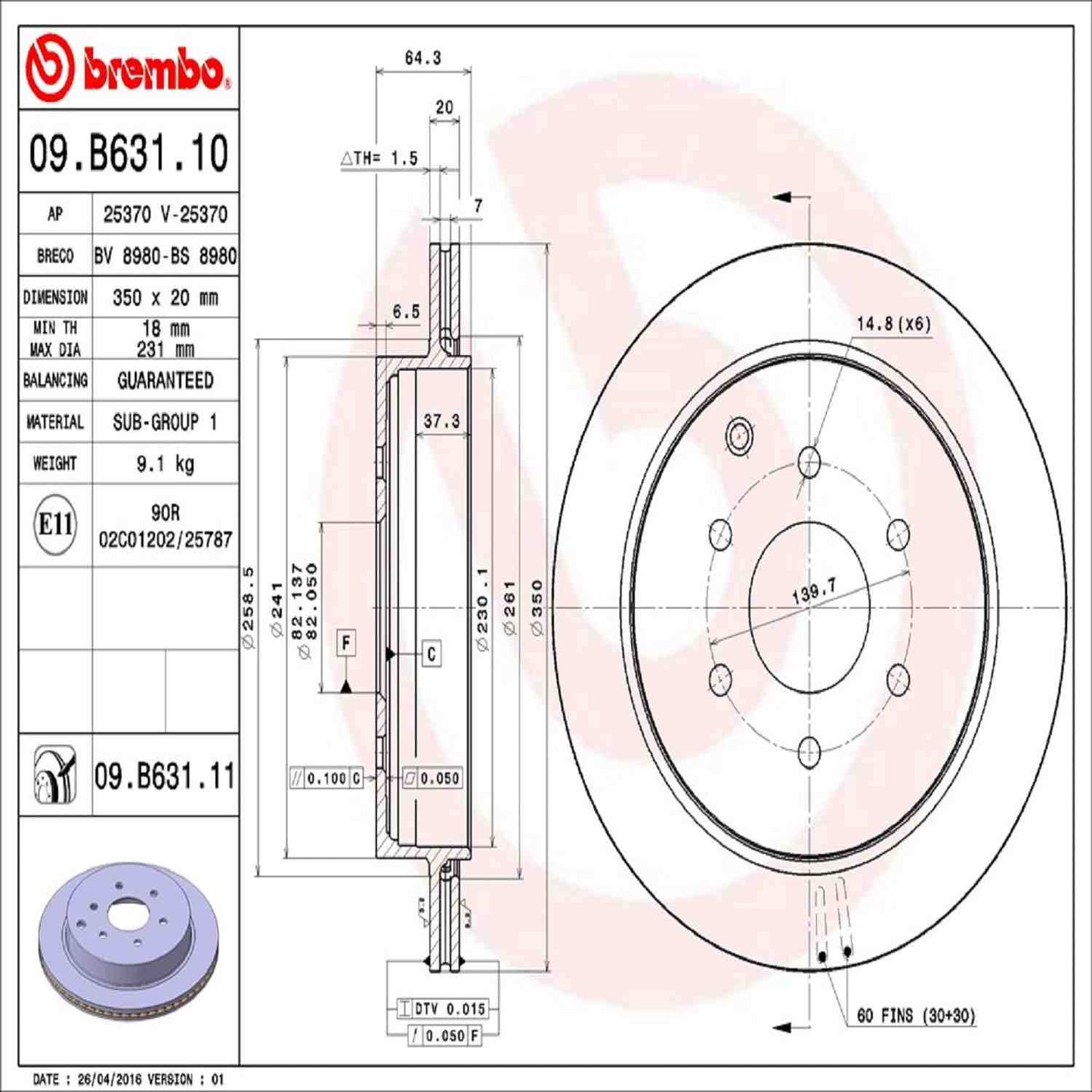Brembo OE Brembo 11-13 Infiniti QX56/14-19 QX80/17-19 Nissan Armada Rear Premium UV Coated OE Equivalent Rotor 09.B631.11