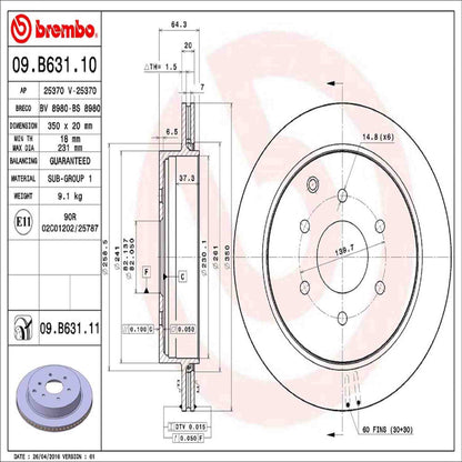 Brembo OE Brembo 11-13 Infiniti QX56/14-19 QX80/17-19 Nissan Armada Rear Premium UV Coated OE Equivalent Rotor 09.B631.11