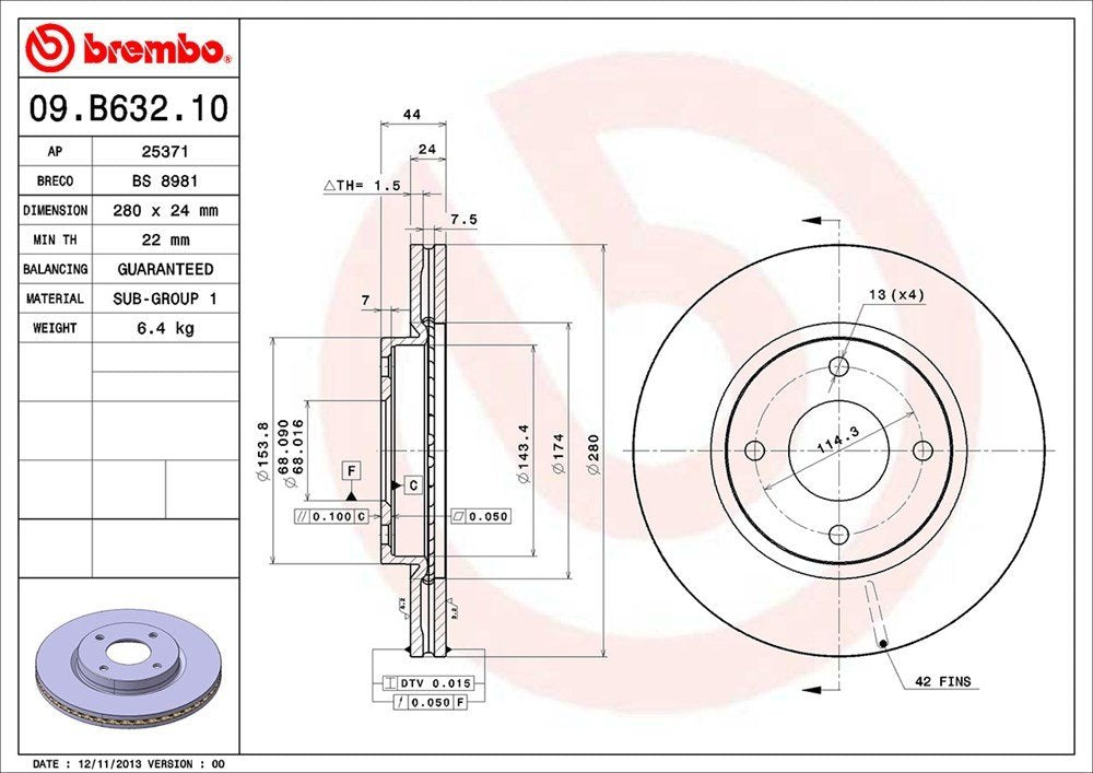 Brembo OE Brembo 09-12 Nissan Cube/07-12 Sentra/07-10 Versa/2012 Versa Front Premium OE Equivalent Rotor 09.B632.10