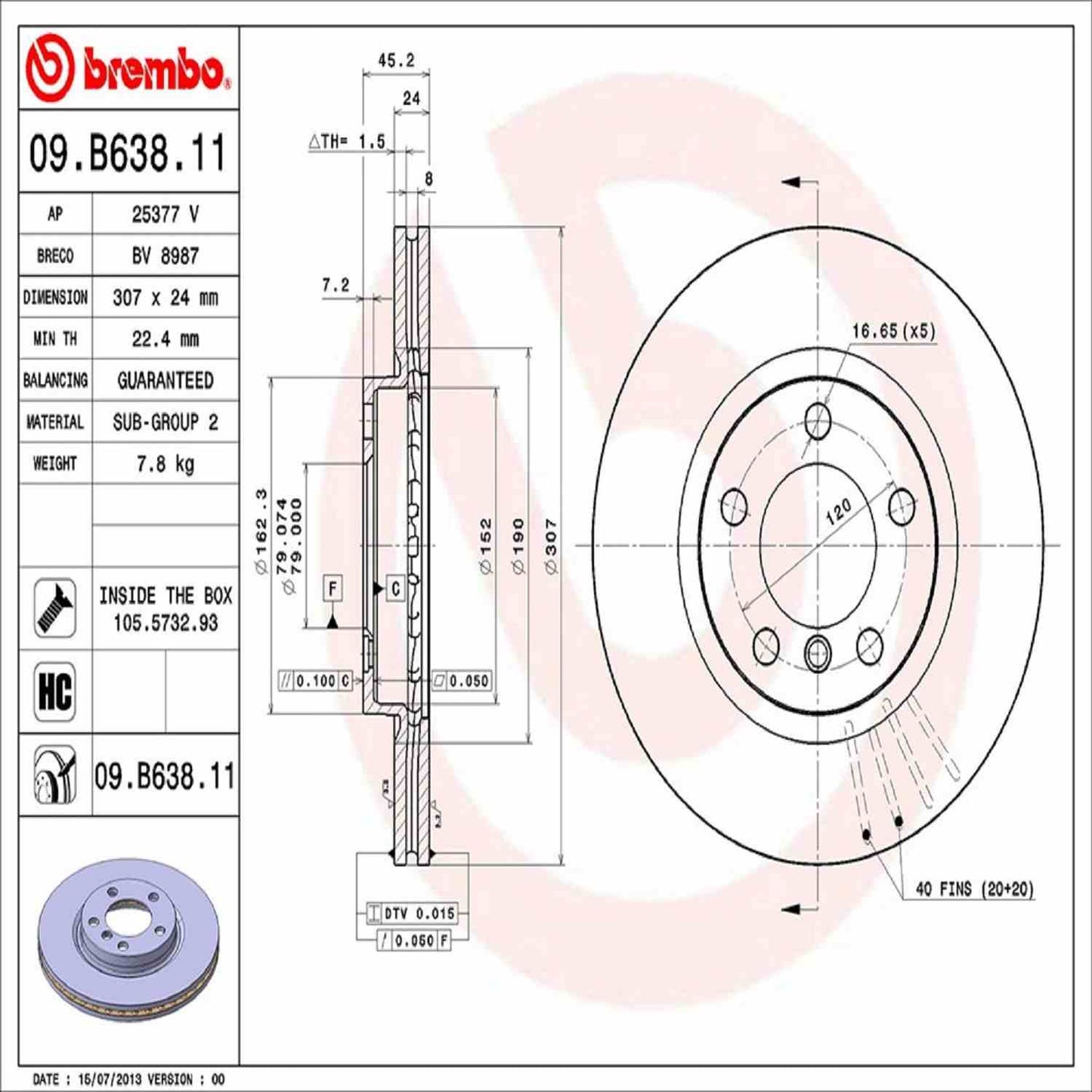 Brembo OE Brembo 11-16 Mini Cooper Countryman Front Premium UV Coated OE Equivalent Rotor 09.B638.11