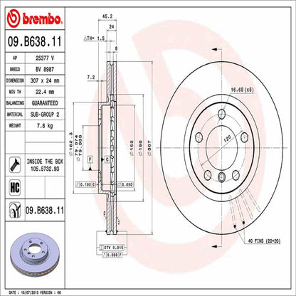 Brembo OE Brembo 11-16 Mini Cooper Countryman Front Premium UV Coated OE Equivalent Rotor 09.B638.11