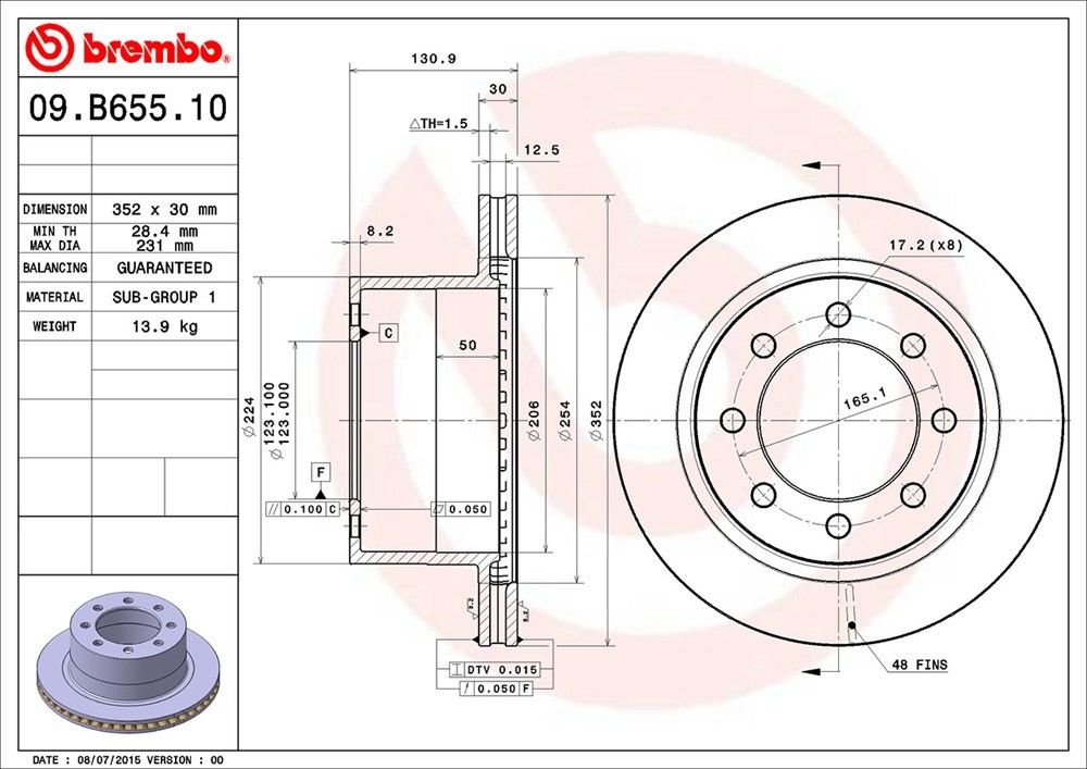 Brembo OE Brembo 06-08 Dodge Ram 1500/03-08 Ram 2500/Ram 3500 Rear Premium OE Equivalent Rotor 09.B655.10