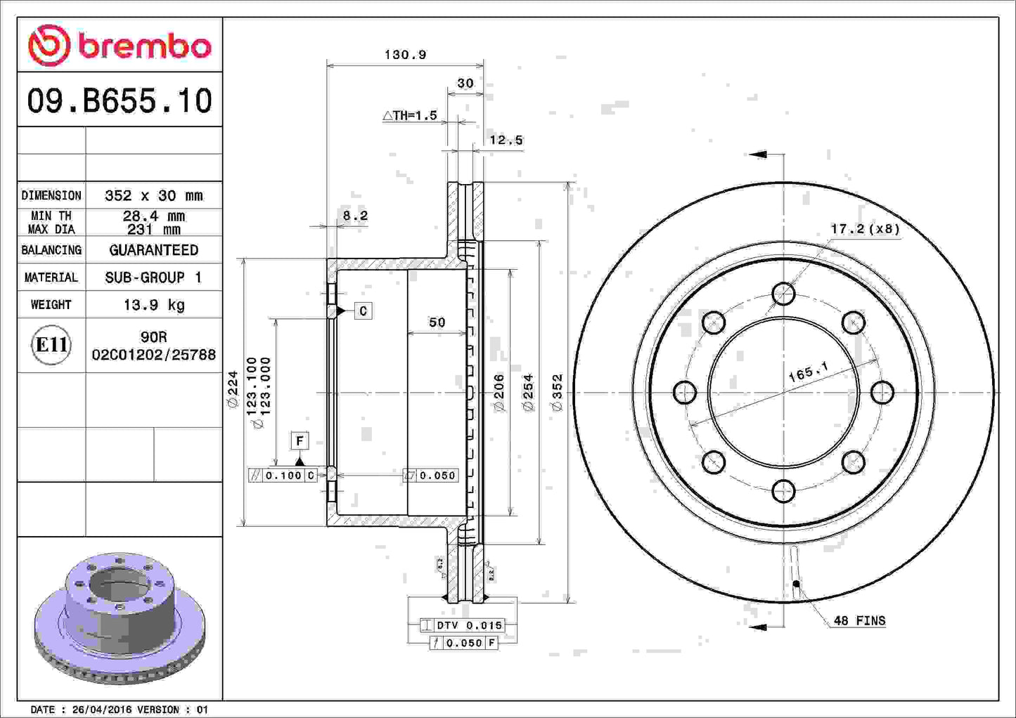 Brembo OE Brembo 06-08 Dodge Ram 1500/03-08 Ram 2500/Ram 3500 Rear Premium OE Equivalent Rotor 09.B655.10
