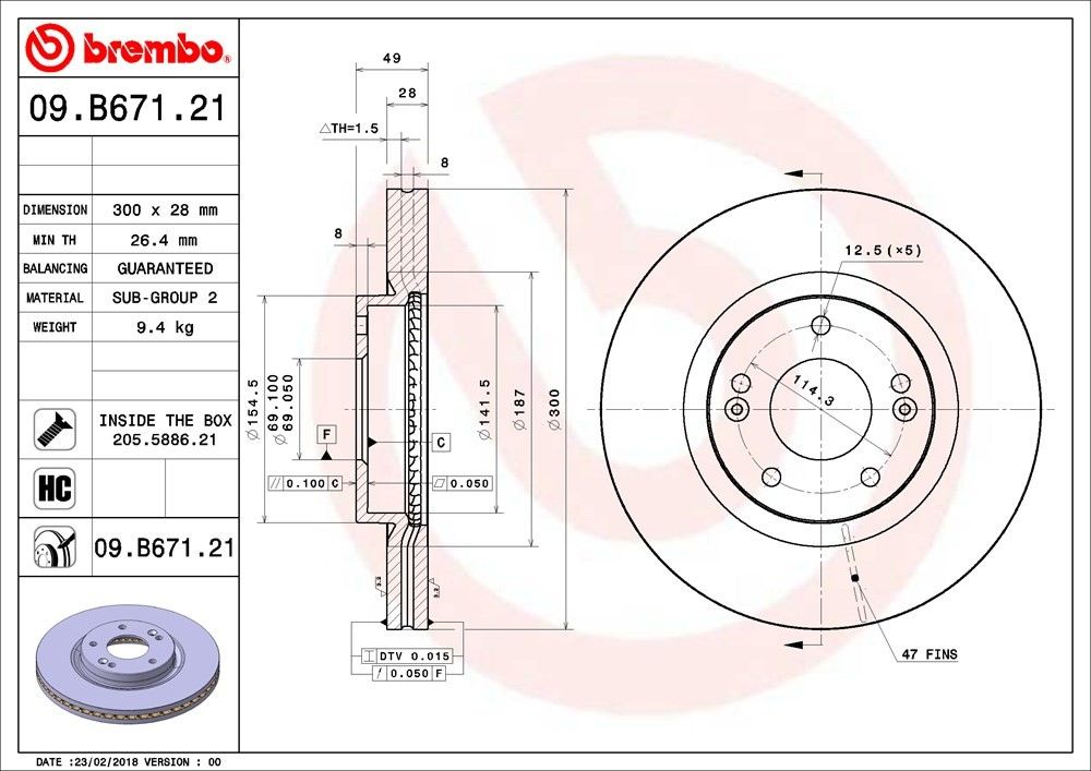 Brembo OE Brembo 10-12 Hyundai Santa Fe/11-13 Kia Sorento Front Premium UV Coated OE Equivalent Rotor 09.B671.21