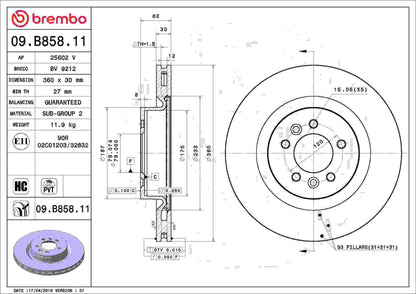 Brembo OE Brembo 2017 Discovery/14-17 Range Rover Front Premium UV Coated OE Equivalent Rotor 09.B858.11