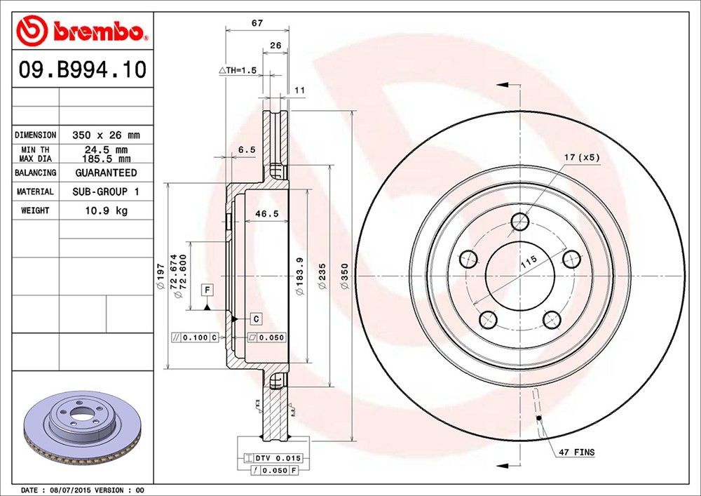 Brembo OE Brembo 2006 Dodge Charger/2008 Charger/11-20 Charger Rear Premium OE Equivalent Rotor 09.B994.10