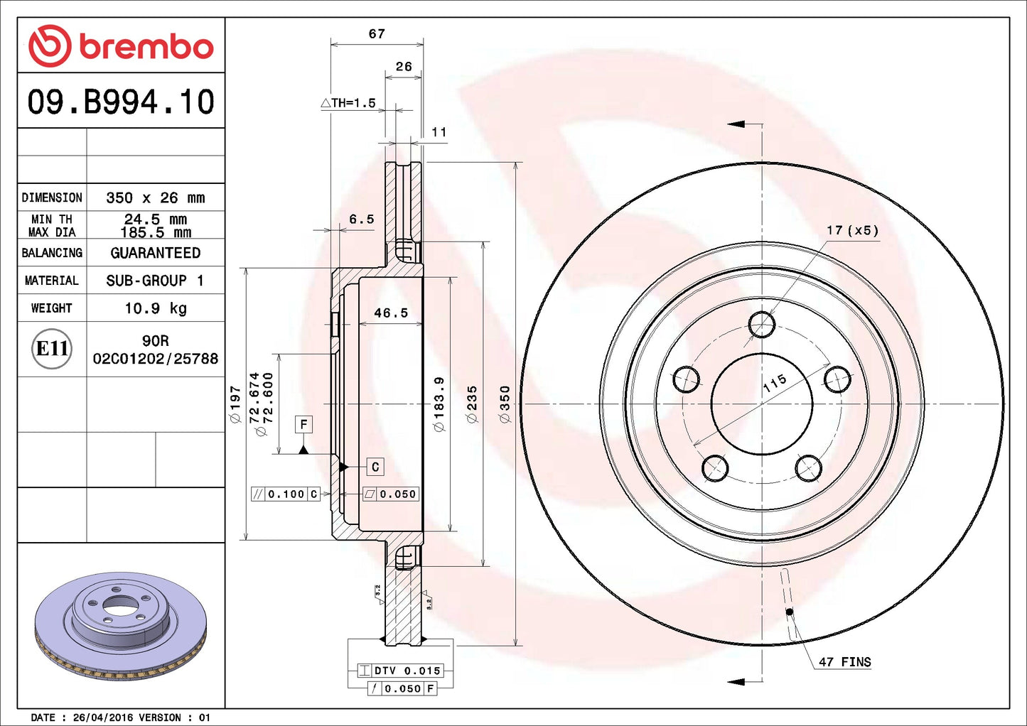 Brembo OE Brembo 2006 Dodge Charger/2008 Charger/11-20 Charger Rear Premium OE Equivalent Rotor 09.B994.10