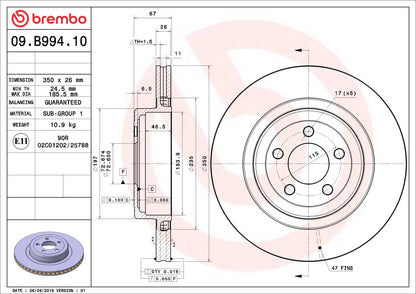 Brembo OE Brembo 2006 Dodge Charger/2008 Charger/11-20 Charger Rear Premium OE Equivalent Rotor 09.B994.10