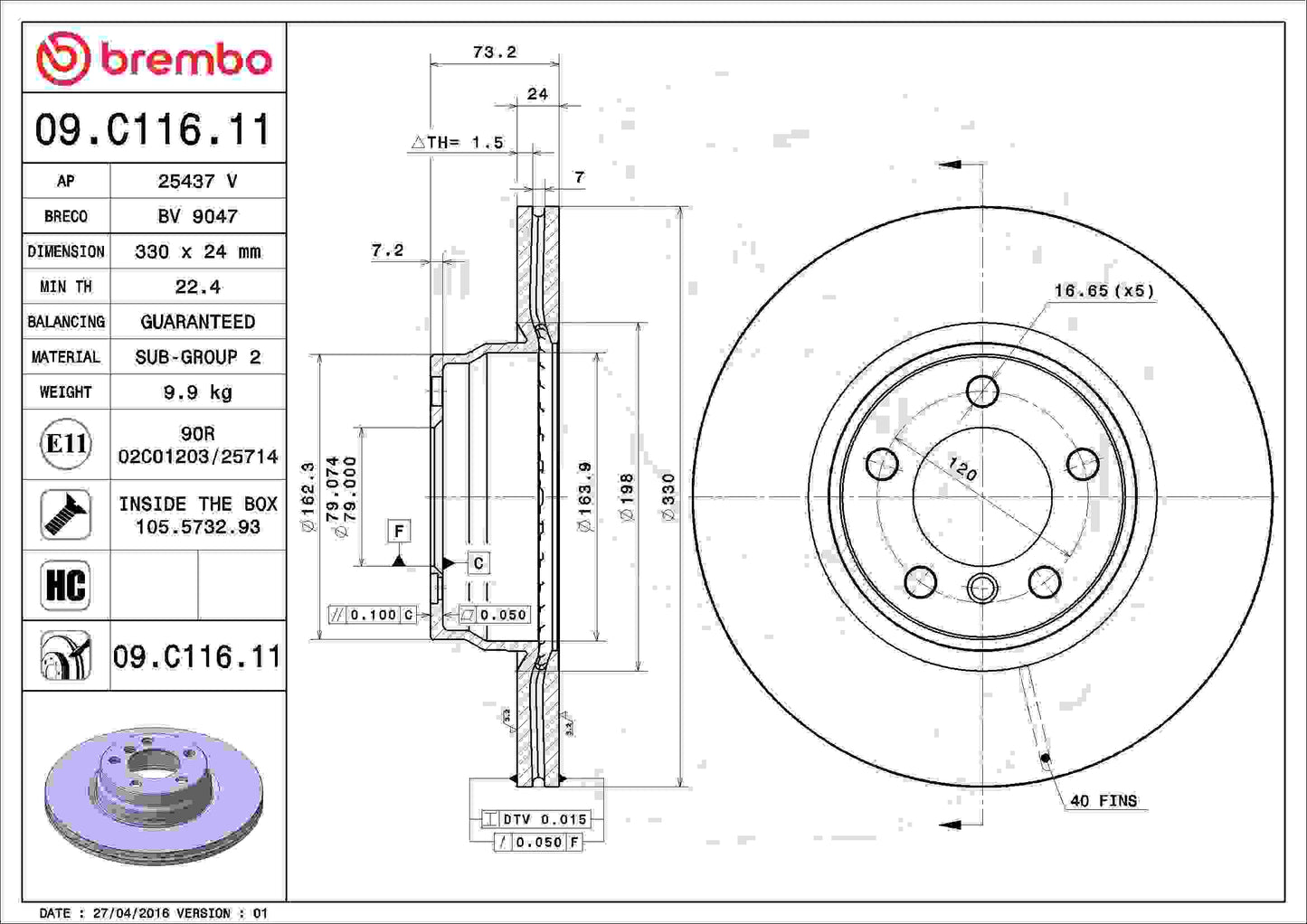 Brembo OE Brembo 14-16 BMW 228i/12-15 328i/13-15 328i xDrive Front Premium UV Coated OE Equivalent Rotor 09.C116.11