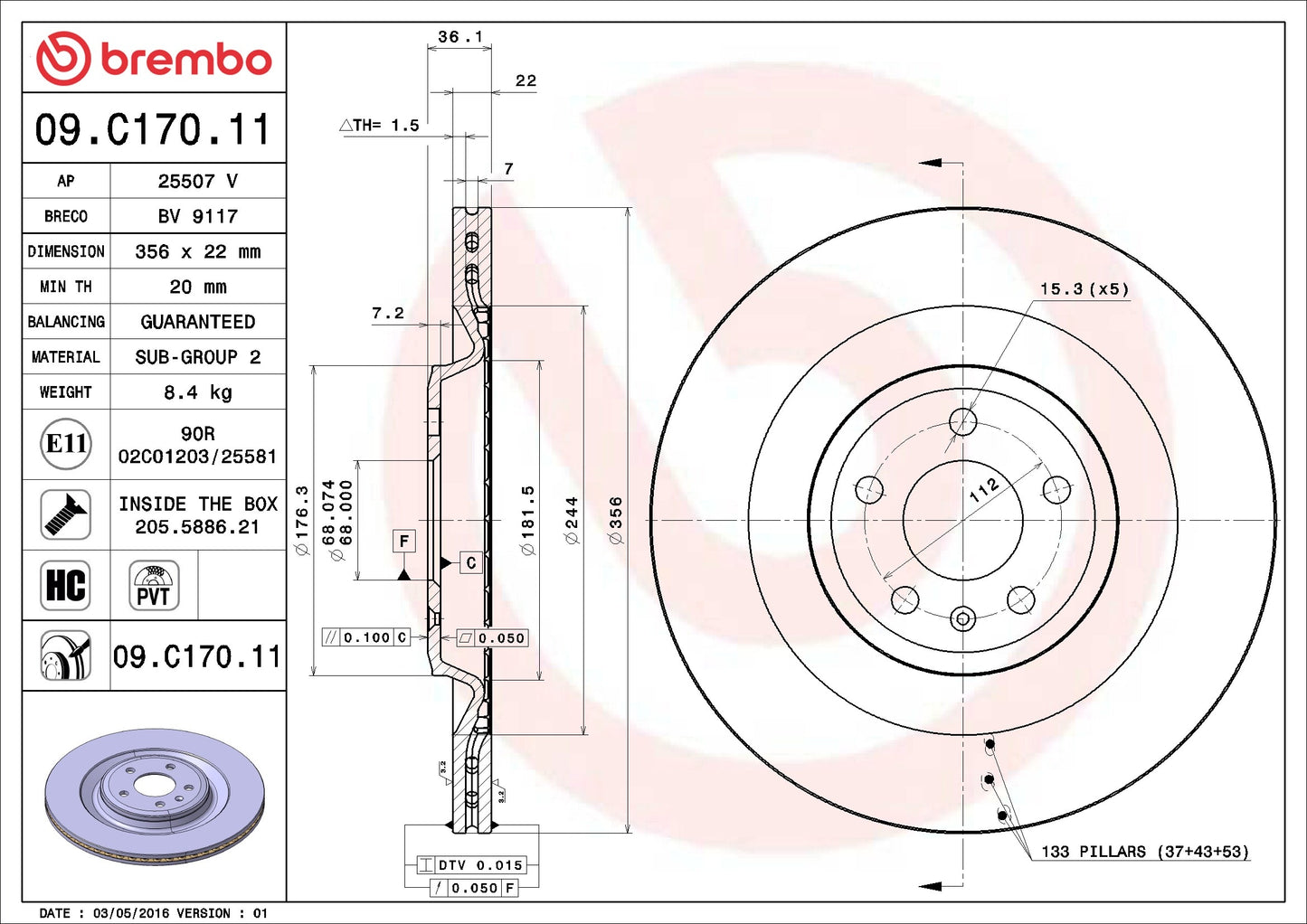 Brembo OE Brembo 11-18 Audi A8 Quattro/13-18 S6/S7/S8 Rear Premium UV Coated OE Equivalent Rotor 09.C170.11