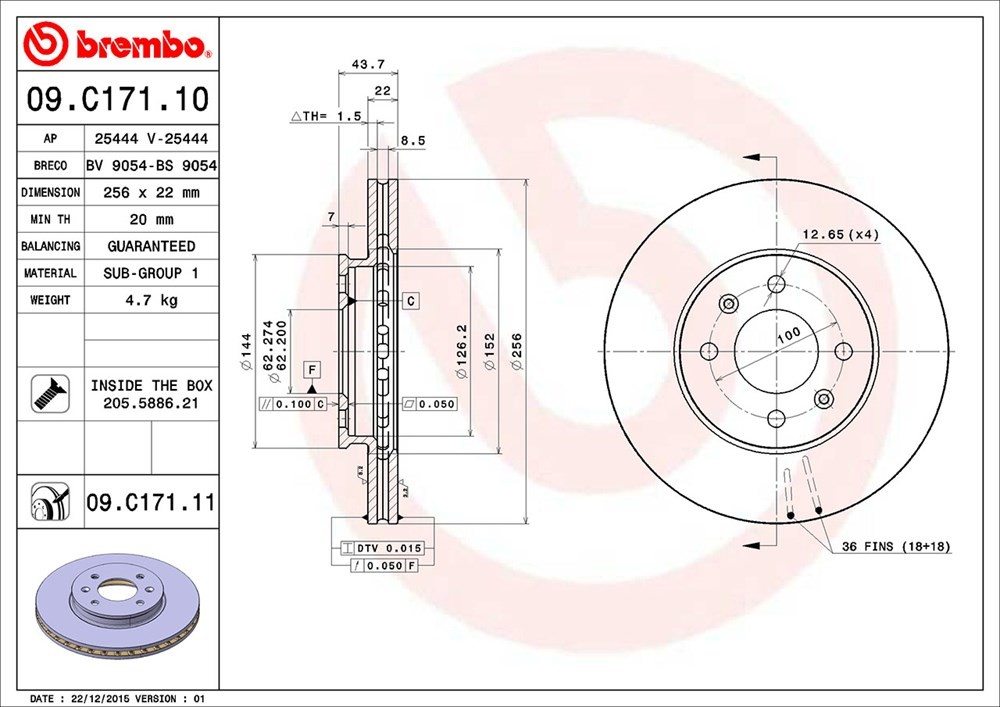 Brembo OE Brembo 12-17 Hyundai Accent/2012 Kia Rio Front Premium UV Coated OE Equivalent Rotor 09.C171.11