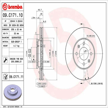 Brembo OE Brembo 12-17 Hyundai Accent/2012 Kia Rio Front Premium UV Coated OE Equivalent Rotor 09.C171.11
