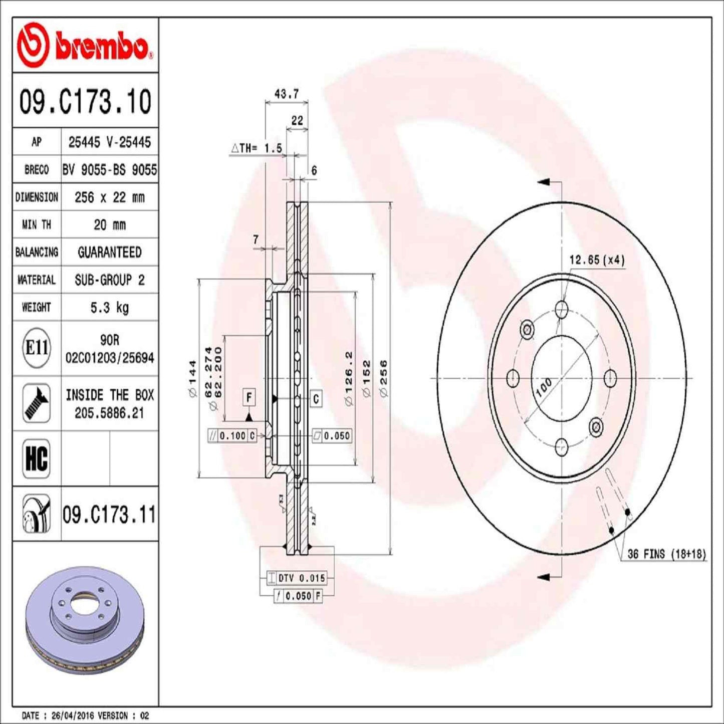 Brembo OE Brembo 12-17 Kia Rio Front Premium UV Coated OE Equivalent Rotor 09.C173.11