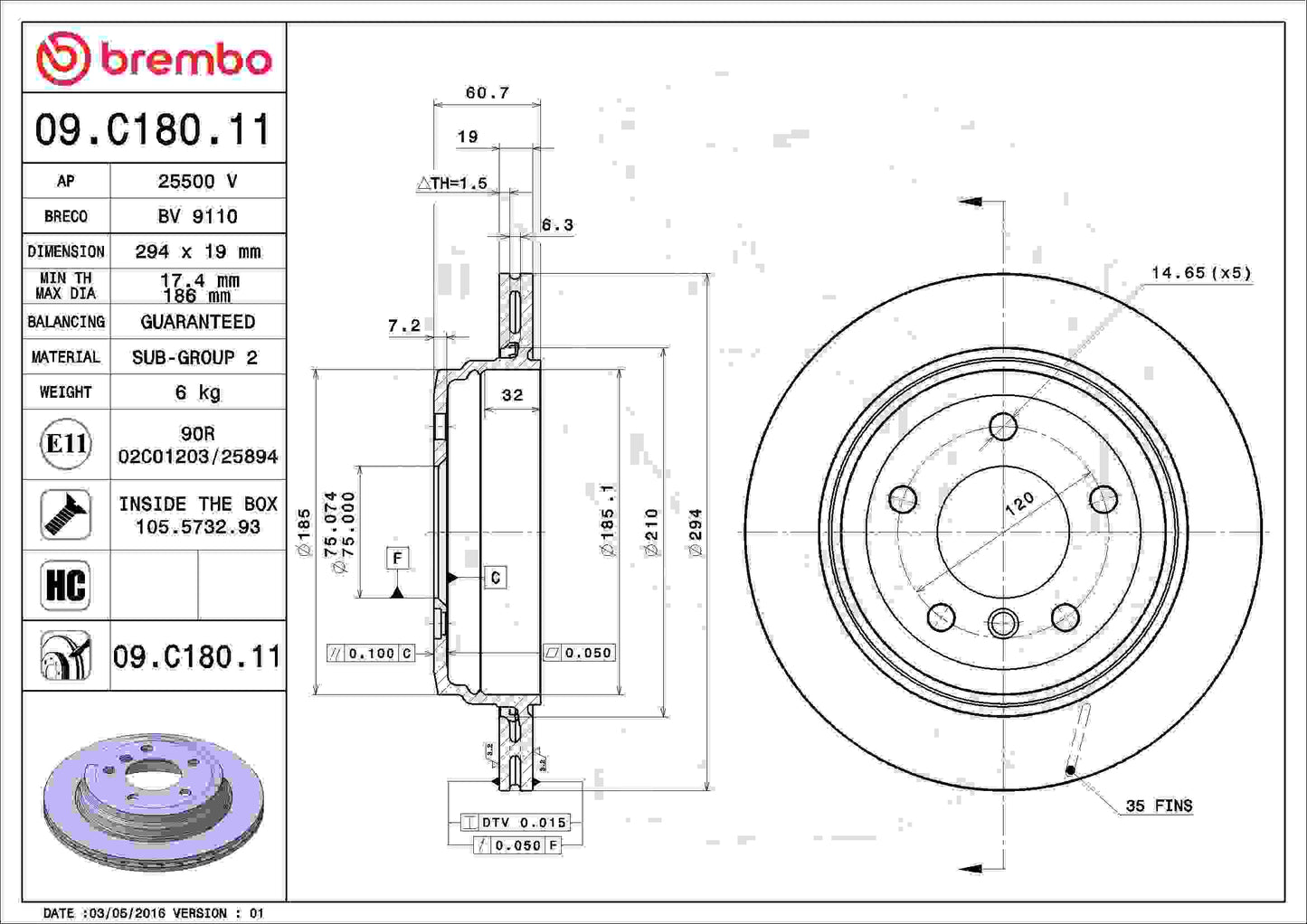 Brembo OE Brembo 01-05 BMW 325xi Rear Premium UV Coated OE Equivalent Rotor 09.C180.11