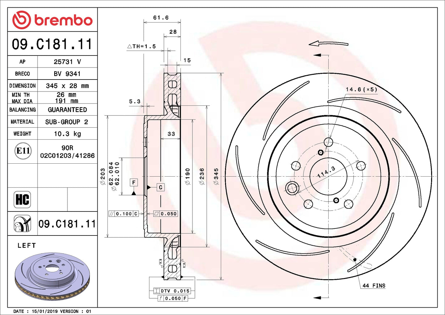 Brembo OE Brembo 16-20 Lexus GS F/15-20 RC F Rear Left Premium UV Coated OE Equivalent Rotor 09.C181.11