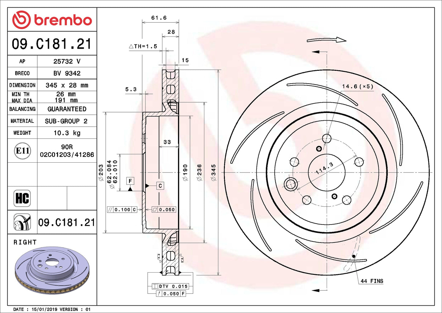 Brembo OE Brembo 16-20 Lexus GS F/15-20 RC F Rear Right Premium UV Coated OE Equivalent Rotor 09.C181.21