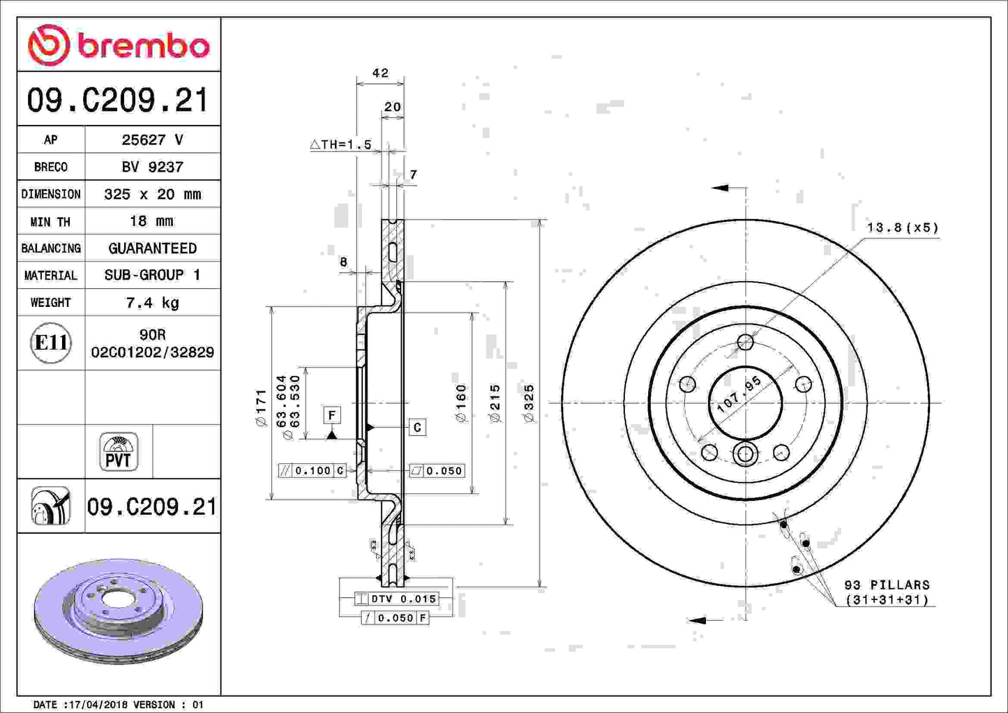 Brembo OE Brembo 17-20 Jaguar XE/16-19 XF Rear Premium UV Coated OE Equivalent Rotor 09.C209.21