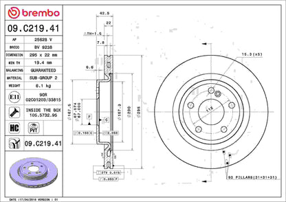 Brembo OE Brembo 14-18 Mercedes-Benz CLA250 Rear Premium UV Coated OE Equivalent Rotor 09.C219.41
