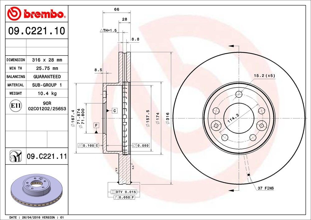 Brembo OE Brembo 98-02 Ford Crown Victoria/Lincoln Town Car Front Premium UV Coated OE Equivalent Rotor 09.C221.11