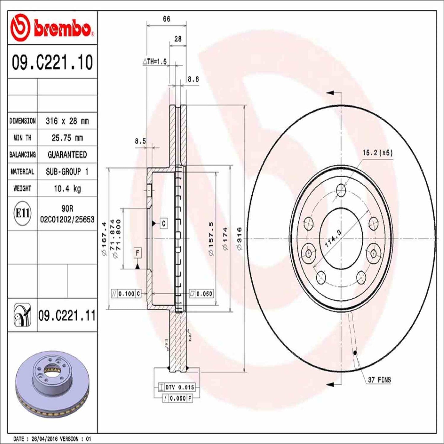 Brembo OE Brembo 98-02 Ford Crown Victoria/Lincoln Town Car Front Premium UV Coated OE Equivalent Rotor 09.C221.11